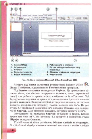 -►■Розділ 4
1. Кнопка Office
2. Ім'я вкладки
3. Стрічка
4. Група інструментів
5. Рядок заголовка
6. Робоче поле зі слайдом
7. Кнопки зміни режимів перегляду
презентації
8. Область слайдів та структури
9. Рядок стану
Рис. 4.7. Вікно програми Microsoft Office PowerPoint 2007
Ліворуч від Рядка заголовка розташовано кнопку Office
Якщо її вибрати, відкривається Головне меню програми.
Під Рядком заголовка знаходиться Стрічка. Це прямокутна об­
ласть вікпа, що містить інструменти (кнопки, поля, перемикачі
тощо) для роботи з презентацією, слайдами та їх об’єктами. Усі
інструменти поділено на групи за призначенням і розташовано на
різних вкладках. Вкладки подібні до сторінок книжки, які можна
гортати, відкриваючи потрібну. Кожна вкладка має ім’я. На ри­
сунку 4.7 цифрою 2 позначено ім’я вкладки Основне, яка відкри­
та на Стрічці. Щоб відкрити вкладку, потрібно вибрати її ім’я.
Інструменти на вкладках Стрічки об’єднано в групи. Кожна
група має своє ім’я. На рисунку 4.7 цифрою 4 позначено групу
ПІрифт вкладки Основне.
У лівій частині вікна розміщено Область слайдів та структури.
У цій області відображаються невеликі малюнки - ескізи слайдів
140
Заголовок слайда
Підзаголозокслайда
 