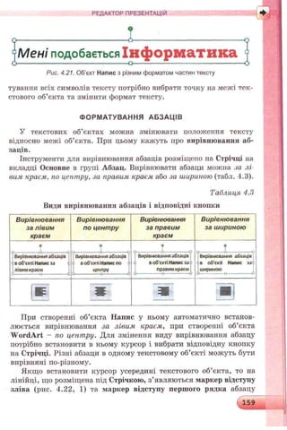РЕДАКТОР ПРЕЗЕНТАЦІЙ
Т
о----------------------------------------- о---------------------------------------- о
/Wen/подобається Інформатика 1
о сз----------------------------------------------о
Рис. 4.21. Об'єкт Напис з різним форматом частин тексту
тування всіх символів тексту потрібно вибрати точку на межі тек­
стового об’єкта та змінити формат тексту.
ФОРМАТУВАННЯ АБЗАЦ ІВ
У текстових об’єктах можна змінювати положення тексту
відносно межі об’єкта. При цьому кажуть про вирівнювання аб­
заців.
Інструменти для вирівнювання абзаців розміщено на Стрічці на
вкладці Основне в групі Абзац. Вирівнювати абзаци можна ш л і­
вим краєм, по центру, за правим краєм або за шириною (табл. 4.3).
Таблиця 4.3
Види вирівнювання абзаців і відповідні кнопки
Вирівнювання
за лівим
краєм
Вирівнювання
по центру
Вирівнювання
за правим
краєм
Вирівнювання
за шириною
!
•
о А о 7 ? Т
Вирівнювання абзаців
: в об'єкті Напис за
лівим краем
вирівнювання абзаців
о в об'єкті Напис по
центру
Вирівнювання абзаців
в об'єкті Напис з а :
правим краєм і
Вирівнювання абзаців
в об'єкіі Напис за!
шириною
о С
а Ш к т ш
При створенні об’єкта Напис у ньому автоматично встанов­
люється вирівнювання за лівим краєм, при створенні об’єкта
W ordArt - по цент ру. Для змінення виду вирівнювання абзацу
потрібно встановити в ньому курсор і вибрати відповідну кнопку
на Стрічці. Різні абзаци в одному текстовому об’єкті можуть бути
вирівняні по-різному.
Якщо встановити курсор усередині текстового об’єкта, то на
лінійці, що розміщена під Стрічкою, з’являються маркер відступу
зліва (рис. 4.22, 1) та маркер відступу першого рядка абзацу
 