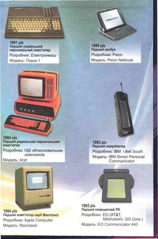 1991 рік
Перший український
персональний комп’ютер
Розробник: Електронмаш'
Модель: Поиск-1
1999 рік
Перший нетбук
Розробник: Psion
Модель: Psion Netbook
»l/W-T
Перший радянський персональний
комп’ютер
Розробник: НДІ обчислювальних
комплексів
ІМодель: Агат
1993 рік
Перший комунікатор
Розробник: IBM і Bell South
Модель: IBM Simon Personal
Communicator
1984 рік
Перший комп’ютер серп Macintosh
Розробник: Apple Computer
Модель: Macintosh
1993 рік
Перший планшетний ПК
Розробник: ЕО (AT&T,
Mitshubishi, GO Corp.)
Модель: EO Communicator 440
 