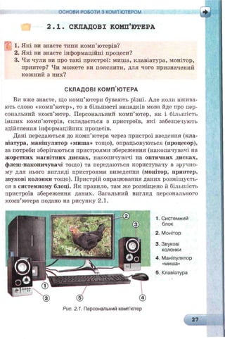 2.1. СКЛАДОВІ КОМП’ЮТЕРА
ОСНОВИ РОБОТИ З КОМП'ЮТЕРОМ
1. Які ви знаєте типи комп’ютерів?
2. Які ви знаєте інформаційні процеси?
3. Чи чули ви про такі пристрої: миша, клавіатура, монітор,
принтер? Чи можете ви пояснити, для чого призначений
кожний з них?
СКЛАДО ВІ к о м п ’ ю т е р а
Ви вже знаєте, що комп’ютери бувають різні. Але коли вжива­
ють слово «комп’ютер», то в більшості випадків мова йде про пер­
сональний комп’ютер. Персональний комп’ютер, як і більшість
інших комп’ютерів, складається з пристроїв, які забезпечують
здійснення інформаційних процесів.
Дані передаються до комп’ютера через пристрої введення (кла­
віатура, маніпулятор «миша» тощо), опрацьовуються (процесор),
за потреби зберігаються пристроями збереження (накопичувачі на
жорстких магнітних дисках, накопичувачі на оптичних дисках,
флеш-накопичувачі тощо) та передаються користувачу в зручно­
му для нього вигляді пристроями виведення (монітор, принтер,
звукові колонки тощо). Пристрій опрацювання даних розміщуєть­
ся в системному блоці. Як правило, там же розміщено й більшість
пристроїв збереження даних. Загальний вигляд персонального
комп’ютера подано на рисунку 2.1.
1. Системний
блок
2. Монітор
3. Звукові
колонки
4. Маніпулятор
«миша»
5. Клавіатура
Рис. 2.1. Персональний комп’ютер
27
 
