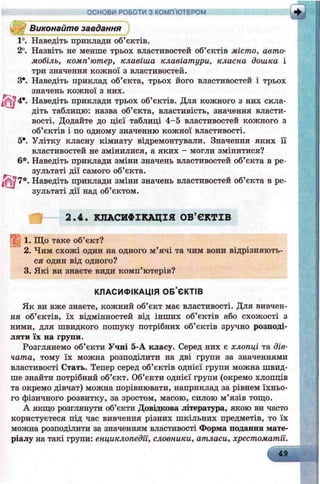 ОСНОВИ РОБОТИ З КОМП'ЮТЕРОМ
Виконайте завдання
1°. Наведіть приклади об’єктів.
2°. Назвіть не менше трьох властивостей об’єктів місто, авто­
мобіль, комп’ютер, клавіша клавіатури, класна дошка і
три значення кожної з властивостей.
З*. Наведіть приклад об’єкта, трьох його властивостей і трьох
значень кожної з них.
j >4*. Наведіть приклади трьох об’єктів. Для кожного з них скла­
діть таблицю: назва об’єкта, властивість, значення власти­
вості. Додайте до цієї таблиці 4-5 властивостей кожного з
об’єктів і по одному значенню кожної властивості.
5*. Улітку класну кімнату відремонтували. Значення яких її
властивостей не змінилися, а яких - могли змінитися?
6*. Наведіть приклади зміни значень властивостей об’єкта в ре­
зультаті дії самого об’єкта.
1 ^ 7 * . Наведіть приклади зміни значень властивостей об’єкта в ре­
зультаті дії над об’єктом.
2.4. КЛАСИФІКАЦІЯ ОБ’ЄКТІВ
1. Що таке об’єкт?
2. Чим схожі один на одного м’ячі та чим вони відрізняють­
ся один від одного?
3. Які ви знаєте види комп’ютерів?
КЛАСИФІКАЦІЯ ОБ’ЄКТІВ
і
Як ви вже знаєте, кожний об’єкт має властивості. Для вивчен­
ня об’єктів, їх відмінностей від інших об’єктів або схожості з
ними, для швидкого пошуку потрібних об’єктів зручно розподі­
ляти їх на групи.
Розглянемо об’єкти Учні 5-А класу. Серед них є хлопці та дів­
чата, тому їх можна розподілити на дві групи за значеннями
властивості Стать. Тепер серед об’єктів однієї групи можна швид­
ше знайти потрібний об’єкт. Об’єкти однієї групи (окремо хлопців
та окремо дівчат) можна порівнювати, наприклад за рівнем їхньо­
го фізичного розвитку, за зростом, масою, силою м’язів тощо.
А якщо розглянути об’єкти Довідкова література, якою ви часто
користуєтеся під час вивчення різних шкільних предметів, то їх
можна розподілити за значенням властивості Форма подання мате­
ріалу на такі групи: енциклопедії, словники, атласи, хрестоматії.
 