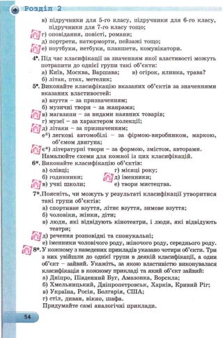 Розділ 2
в) підручники для 5-го класу, підручники для 6-го класу,
підручники для 7-го класу тощо;
оповідання, повісті, романи;
д) портрети, натюрморти, пейзажі тощо;
LC^e) ноутбуки, нетбуки, планшети, комунікатори.
4*. Під час класифікації за значенням якої властивості можуть
потрапити до однієї групи такі об’єкти:
а) Київ, Москва, Варшава; в) огірок, ялинка, трава?
б) літак, птах, метелик;
5*. Виконайте класифікацію вказаних об’єктів за значеннями
вказаних властивостей:
а) взуття - за призначенням;
б) музичні твори - за жанрами;
jQ Jb) магазини - за видами наявних товарів;
г) музеї - за характером колекції;
1Ц?Д> літаки - за призначенням;
е*) легкові автомобілі - за фірмою-виробником, маркою,
об’ємом двигуна;
ІСу є*) літературні твори - за формою, змістом, авторами.
Намалюйте схеми для кожної із цих класифікацій.
6*. Виконайте класифікацію об’єктів:
а) олівці; г) місяці року;
б) годинники; |Й?Д) іменники;
*07 в) учні школи; е) твори мистецтва.
7*.Поясніть, чи можуть у результаті класифікації утворитися
такі групи об’єктів:
а) спортивне взуття, літнє взуття, зимове взуття;
б) чоловіки, жінки, діти;
в) люди, які відвідують кінотеатри, і люди, які відвідують
театри;
lO jд) Речення розповідні та спонукальні;
е) іменники чоловічого роду, жіночого роду, середнього роду.
^ , 8*. У кожному з наведених прикладів указано чотири об’єкти. Три
з них увійшли до однієї групи в деякій класифікації, а один
об’єкт - зайвий. Укажіть, за якою властивістю виконувалася
класифікація в кожному прикладі та який об’єкт зайвий:
а) Дніпро, Південний Буг, Амазонка, Ворскла;
б) Хмельницький, Дніпропетровськ, Харків, Кривий Ріг;
в) Україна, Росія, Болгарія, СІЛА;
г) стіл, диван, вікно, шафа.
Придумайте самі аналогічні приклади.
54
 