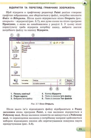 ГРАФІЧНИЙ РЕДАКТОР PAINT
ВІДКРИТТЯ ТА ПЕРЕГЛЯД ГРАФІЧНИХ ЗОБРАЖ ЕНЬ
Щоб відкрити в графічному редакторі P a in t раніше створене
графічне зображення, яке зберігається у файлі, потрібно виконати
Файл => Відкрити. Після цього відкриється вікно Открыть (рос.
от крыт ь - відкрити) (рис. 3.7), яке дуже схоже на вікно програми
Провідник, з яким ви ознайомилися у розділі 2. У цьому вікні
користувачу треба відкрити потрібну папку, вибрати значок
потрібного файлу та кнопку Відкрити.
ф ® (3) _______
Открыть
1. Панель навігації 4. Кнопка Відкрити
2. Рядок адреси 5. Поле зі списком Ім’я файлу
3. Вибране ім’я файлу 6. Поле зі списком Тип файлів
Рис. 3.7. Вікно Открыть
Після цього ім’я відповідного файлу відобразиться в Рядку
заголовка вікна програми Paint, а сам малюнок відкриється в
Робочому полі. Якщо малюнок повністю не вміщується в Робочому
полі, то переміщення малюнка в потрібному напрямі здійснюється
вибором відповідних кнопок або перетягуванням повзунка смуги
прокручування (рис. 3.8).
91
V--------
 