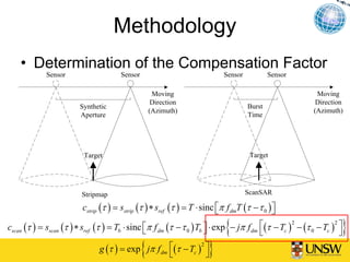 Methodology
    • Determination of the Compensation Factor
             Sensor                   Sensor                                Sensor           Sensor

                                                    Moving                                                Moving
                                                    Direction                                             Direction
                        Synthetic                                                    Burst
                                                   (Azimuth)                                             (Azimuth)
                        Aperture                                                     Time




                          Target                                                      Target




                         Stripmap                                                    ScanSAR

                         cstrip (τ ) = sstrip (τ ) ∗ sref (τ ) = T ⋅ sinc ⎡π f dmT (τ − τ 0 ) ⎤
                                                                          ⎣                   ⎦

                                                ⎣                     ⎦     {
cscan (τ ) = sscan (τ ) ∗ sref (τ ) = Tb ⋅ sinc ⎡π f dm (τ − τ 0 ) Tb ⎤ ⋅ exp − jπ f dm ⎡(τ − Tc ) − (τ 0 − Tc ) ⎤
                                                                                        ⎣
                                                                                                  2             2
                                                                                                                  }
                                                                                                                  ⎦

                                               {
                               g (τ ) = exp jπ f dm ⎡(τ − Tc ) ⎤
                                                    ⎣
                                                              2
                                                                ⎦     }
 
