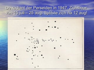 De radiant der Perseiden in 1947. ZichtbaarDe radiant der Perseiden in 1947. Zichtbaar
van 15 juli – 25 aug. Splitste zich na 12 aug!van 15 juli – 25 aug. Splitste zich na 12 aug!
 