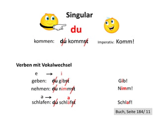 Singular
                             du
         kommen:       du kommst     Imperativ:   Komm!


Verben mit Vokalwechsel
            e            i
 (to give) geben: du gibst                         Gib!
 (to take) nehmen: du nimmst                       Nimm!
               a            a
(to sleep) schlafen: du schläfst                   Schlaf!
                                                  Buch, Seite 184/ 11
 