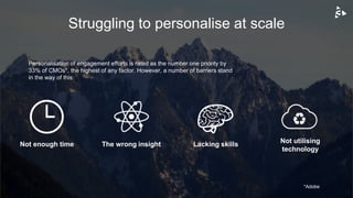 Struggling to personalise at scale
Not enough time
Personalisation of engagement efforts is rated as the number one priority by
33% of CMOs*, the highest of any factor. However, a number of barriers stand
in the way of this:
*Adobe
The wrong insight Lacking skills Not utilising
technology
 