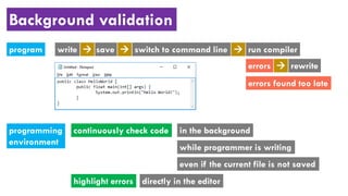 Background validation
program write save switch to command line run compiler
rewriteerrors
errors found too late
programming
environment
continuously check code
while programmer is writing
even if the current file is not saved
highlight errors
in the background
directly in the editor
  

 