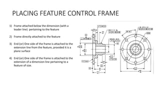 PLACING FEATURE CONTROL FRAME
1) Frame attached below the dimension (with a
leader line) pertaining to the feature
2) Frame directly attached to the feature
3) End (or) One side of the frame is attached to the
extension line from the feature, provided it is a
plane surface
4) End (or) One side of the frame is attached to the
extension of a dimension line pertaining to a
feature of size.
 