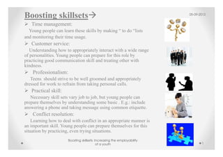 Boosting skillsets
Time management:
Young people can learn these skills by making “ to do “lists
and monitoring their time usage.
Customer service:
Understanding how to appropriately interact with a wide range
of personalities. Young people can prepare for this role by
practicing good communication skill and treating other with
kindness.
Professionalism:
Teens should strive to be well groomed and appropriately
dressed for work to refrain from taking personal calls.
Practical skill:
Necessary skill sets vary job to job, but young people can
prepare themselves by understanding some basic . E.g.: include
answering a phone and taking message using common etiquette.
Conflict resolution:
Learning how to deal with conflict in an appropriate manner is
an important skill. Young people can prepare themselves for this
situation by practicing, even trying situations.
05-09-2013
Boosting skillsets: Increasing the employability
of a youth 1
 