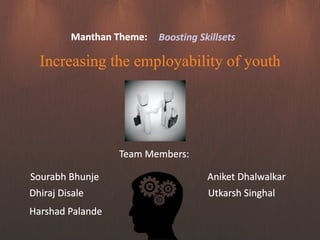 Manthan Theme: Boosting Skillsets
Increasing the employability of youth
Team Members:
Sourabh Bhunje
Dhiraj Disale
Harshad Palande
Aniket Dhalwalkar
Utkarsh Singhal
 