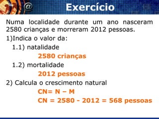 Exercício
Numa localidade durante um ano nasceram
2580 crianças e morreram 2012 pessoas.
1)Indica o valor da:
  1.1) natalidade
          2580 crianças
  1.2) mortalidade
          2012 pessoas
2) Calcula o crescimento natural
          CN= N – M
          CN = 2580 - 2012 = 568 pessoas
 
