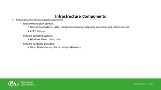 Infrastructure Components 
• Networking/telecommunications platforms 
– Telecommunication services 
• Telecommunications, cable, telephone company charges for voice lines and Internet access 
• AT&T, Verizon 
– Network operating systems: 
• Windows Server, Linux, Unix 
– Network hardware providers: 
• Cisco, Alcatel-Lucent, Nortel, Juniper Networks 
 