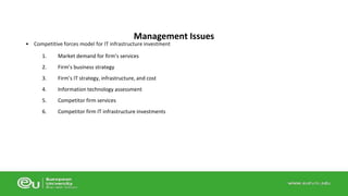 Management Issues 
• Competitive forces model for IT infrastructure investment 
1. Market demand for firm’s services 
2. Firm’s business strategy 
3. Firm’s IT strategy, infrastructure, and cost 
4. Information technology assessment 
5. Competitor firm services 
6. Competitor firm IT infrastructure investments 
 