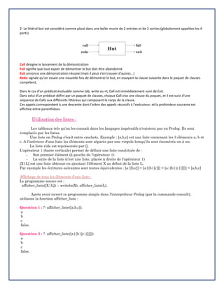 2- Le littéral-but est considéré comme placé dans une boîte munie de 2 entrées et de 2 sorties (globalement appelées les 4
ports)
Call désigne le lancement de la démonstration
Fail signifie que tout espoir de démontrer le but doit être abandonné
Exit annonce une démonstration réussie (mais il peut s'en trouver d'autres...)
Redo signale qu'on essaie une nouvelle fois de démontrer le but, en essayant la clause suivante dans le paquet de clauses
compétent.
Dans le cas d'un prédicat évaluable comme tab, write ou nl, Call est immédiatement suivi de Exit.
Dans celui d'un prédicat défini par un paquet de clauses, chaque Call vise une clause du paquet, et il est suivi d'une
séquence de Calls aux différents littéraux qui composent le corps de la clause.
Ces appels correspondent à une descente dans l'arbre des appels récursifs à l'exécuteur, et la profondeur courante est
affichée entre parenthèses.
Utilisation des listes :
Les tableaux tels qu'on les connaît dans les langages impératifs n'existent pas en Prolog. Ils sont
remplacés par les listes.
Une liste en Prolog s'écrit entre crochets. Exemple : [a,b,c] est une liste contenant les 3 éléments a, b et
c. A l'intérieur d'une liste les éléments sont séparés par une virgule lorsqu’ils sont énumérés un à un.
La liste vide est représentée par [].
L'opérateur | (barre verticale) permet de définir une liste constituée de :
- Son premier élément (à gauche de l'opérateur |)
- La suite de la liste (c'est une liste, placée à droite de l'opérateur |)
[X|L] est une liste obtenue en ajoutant l'élément X au début de la liste L.
Par exemple les écritures suivantes sont toutes équivalentes : [a|[b,c]] = [a|[b|[c]]] = [a|[b|[c|[]]]] = [a,b,c]
Affichage de tous les éléments d'une liste :
Le programme source est :
afficher_liste([X|L]) :- writeln(X), afficher_liste(L).
Après avoir ouvert ce programme simple dans l'interpréteur Prolog (par la commande consult),
utilisons la fonction afficher_liste :
Question 1 : ?- afficher_liste([a,b,c]).
a
b
c
false.
Question 2 : ?- afficher_liste([a|[b|[c|[]]]]).
a
b
c
false.
 