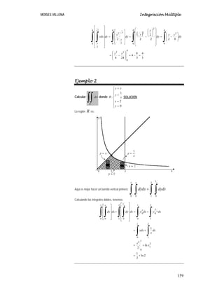 MOISES VILLENA Integración Múltiple
159
( )
3
4
3
8
4
244
822
2
22
4
0
32
4
0
2
4
0
2
2
4
0 2
2
4
0
2
=−=
⎟
⎟
⎠
⎞
⎜
⎜
⎝
⎛
−=
⎟
⎟
⎠
⎞
⎜
⎜
⎝
⎛
−=
⎟
⎟
⎟
⎟
⎟
⎠
⎞
⎜
⎜
⎜
⎜
⎜
⎝
⎛
⎟
⎠
⎞
⎜
⎝
⎛
−=
⎥
⎥
⎥
⎦
⎤
⎢
⎢
⎢
⎣
⎡
=
⎥
⎥
⎥
⎥
⎥
⎥
⎦
⎤
⎢
⎢
⎢
⎢
⎢
⎢
⎣
⎡
∫∫∫∫ ∫
yy
dy
yy
dy
y
y
dy
x
dyxdx
y
y
y
y
Ejemplo 2
Calcular dA
R
∫∫ donde
⎪
⎪
⎪
⎩
⎪⎪
⎪
⎨
⎧
=
=
=
=
0
2
1
:
y
x
x
y
xy
R SOLUCIÓN:
La región R es:
Aquí es mejor hacer un barrido vertical primero:
∫ ∫∫ ∫ +
2
1
1
0
1
0 0
dxdydxdy
xx
Calculando las integrales dobles, tenemos:
2ln
2
1
ln
2
1
2
1
1
0
2
2
1
1
0
2
1
1
0
2
1
1
0
0
1
0
1
0 0
+=
+=
+=
+=
⎥
⎥
⎥
⎥
⎥
⎦
⎤
⎢
⎢
⎢
⎢
⎢
⎣
⎡
+
⎥
⎥
⎥
⎥
⎦
⎤
⎢
⎢
⎢
⎢
⎣
⎡
∫∫
∫∫ ∫∫∫ ∫
x
x
dx
x
xdx
dxydxydxdydxdy x
x
xx
 