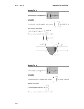 MOISES VILLENA Integración Múltiple
164
Ejemplo 3
Invierta el orden de integración para
∫ ∫−
+
+−
1
1
1
1
),( dydxyxf
y
y
SOLUCIÓN:
Interpretando los límites de integración dados, tenemos:
∫ ∫
=
−=
+=
+−=
1
1
1
1
),(
y
y
yx
yx
dydxyxf . Se ha
hecho primero un barrido vertical
Entonces la región de integración es
⎪⎩
⎪
⎨
⎧
=
−=
1
1
:
2
y
xy
R
Ahora hay que hacer un barrido horizontal primero, es decir:
∫ ∫− −
2
2
1
12
),( dxdyyxf
x
Ejemplo 4
Invierta el orden de integración para
∫ ∫
4
2
16
),( dxdyyxf
x
x
SOLUCIÓN:
Interpretando los límites de integración dados, tenemos:
∫ ∫
=
=
=
=
4
2
16
),(
x
x
x
y
xy
dxdyyxf Se ha hecho
un barrido vertical primero
Entonces la región de integración es
⎪
⎪
⎩
⎪
⎪
⎨
⎧
=
=
=
2
16
:
x
x
y
xy
R
Ahora hay que hacer un barrido horizontal primero, es decir:
 
