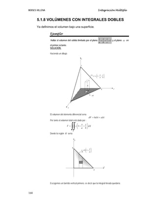 MOISES VILLENA Integración Múltiple
168
5.1.8 VOLÚMENES CON INTEGRALES DOBLES
Ya definimos el volumen bajo una superficie.
Ejemplo
Hallar el volumen del sólido limitado por el plano 1
x y z
a b c
+ + = y el plano xy en
el primer octante.
SOLUCIÓN:
Haciendo un dibujo
El volumen del elemento diferencial sería
dV hdA zdA= =
Por tanto el volumen total está dado por :
1
R
x y
V c dA
a b
⎛ ⎞
= − −⎜ ⎟
⎝ ⎠∫∫
Donde la región R sería:
Escogemos un barrido vertical primero, es decir que la integral iterada quedaría:
x
y
z
h
dA
a
b
c
1
x y
z c
a b
⎛ ⎞
= − −⎜ ⎟
⎝ ⎠
x
y
1
x
y b
a
⎛ ⎞
= −⎜ ⎟
⎝ ⎠
a
b
 