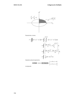 MOISES VILLENA Integración Múltiple
196
Poniendo límites, tenemos:
( ) ( )
( )
( ) ( )
( )
2
2
36 4
3 3
2 2 2 24 4
3 3
0 0
36 43
2 33
00
3 3 3
2 22 2
0
3
3
2 2
0
12 3 4 12 3
36 4
4 3
3 3
36 4 36 4
4
9 27
2
4 36 4
27
x
R
x
V x y dA x y dydx
x y
y dx
x x
dx
x dx
+ −
−
= − − = − −
⎡ ⎤
⎢ ⎥−
= −⎢ ⎥
⎢ ⎥
⎢ ⎥⎣ ⎦
⎡ ⎤− −⎢ ⎥= −
⎢ ⎥
⎢ ⎥⎣ ⎦
= −
∫∫ ∫ ∫
∫
∫
∫
Empleando sustitución trigonométrica:
3x sent= entonces 3cosdx t dt= y
0 0
3
2
x t
x t
π
→ ⇒ →⎧
⎪
⎨
→ ⇒ →⎪⎩
reeemplazando
2 2
1
9 4
x y
+ =
x
y
3
2
2
36 4
3
x
y
+ −
=
0
 