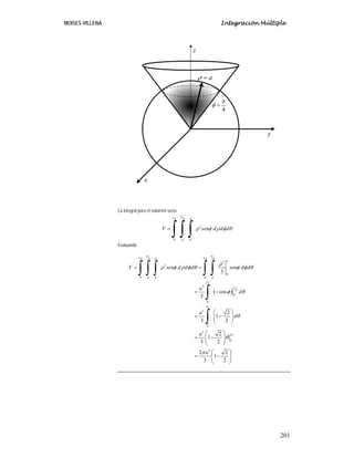 MOISES VILLENA Integración Múltiple
201
La integral para el volumen sería:
2 4
2
0 0 0
a
V sen d d d
π
π
ρ φ ρ φ θ=
∫ ∫ ∫
Evaluando
( )
2 24 4
3
2
0
0 0 0 0 0
2
3
4
0
0
2
3
0
3
2
0
3
3
cos
3
2
1
3 2
2
1
3 2
2 2
1
3 2
a
a
V sen d d d sen d d
a
d
a
d
a
a
π π
π π
π
π
π
π
ρ
ρ φ ρ φ θ φ φ θ
φ θ
θ
θ
π
= =
= −
⎛ ⎞
= −⎜ ⎟⎜ ⎟
⎝ ⎠
⎛ ⎞
= −⎜ ⎟⎜ ⎟
⎝ ⎠
⎛ ⎞
= −⎜ ⎟⎜ ⎟
⎝ ⎠
∫ ∫ ∫ ∫ ∫
∫
∫
aρ =
x
y
z
4
π
φ =
 