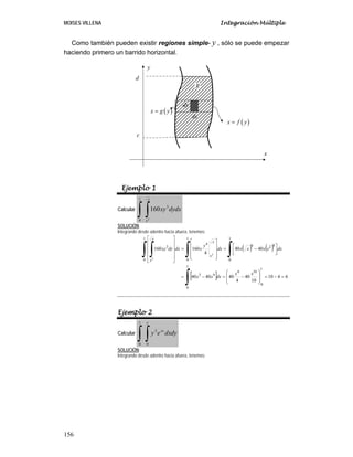 MOISES VILLENA Integración Múltiple
156
Como también pueden existir regiones simple- y , sólo se puede empezar
haciendo primero un barrido horizontal.
Ejemplo 1
Calcular
∫ ∫
1
0
3
2
160
x
x
dydxxy
SOLUCIÓN:
Integrando desde adentro hacia afuera, tenemos:
( ) ( )
[ ]
∫
∫∫∫ ∫
=−=
⎟
⎟
⎠
⎞
⎜
⎜
⎝
⎛
−=−=
⎥⎦
⎤
⎢⎣
⎡
−=
⎥
⎥
⎥
⎦
⎤
⎢
⎢
⎢
⎣
⎡
=
⎥
⎥
⎥
⎥
⎦
⎤
⎢
⎢
⎢
⎢
⎣
⎡
1
0
1
0
104
93
1
0
424
1
0
4
1
0
3
6410
10
40
4
404040
4040
4
160160
2
2
xx
dxxx
dxxxxxdx
y
xdxdyxy
x
x
x
x
Ejemplo 2
Calcular dydxey
y
xy
∫ ∫
1
0 0
2
SOLUCIÓN:
Integrando desde adentro hacia afuera, tenemos:
d
c
( )x f y=
( )x g y=
dx
dy
x
y
R
 