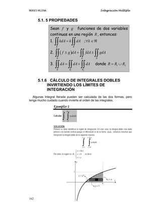 MOISES VILLENA Integración Múltiple
162
5.1. 5 PROPIEDADES
Sean f y g funciones de dos variables
continuas en una región R, entonces:
1. ;
R R
kdA k dA k
= ∀ ∈ℜ
∫∫ ∫∫
2. ( )
R R R
f g dA fdA gdA
± = ±
∫∫ ∫∫ ∫∫
3.
1 2
R R R
dA dA dA
= +
∫∫ ∫∫ ∫∫ donde 1 2
R R R
= ∪
5.1.6 CÁLCULO DE INTEGRALES DOBLES
INVIRTIENDO LOS LÍMITES DE
INTEGRACIÓN
Algunas Integral Iterada pueden ser calculada de las dos formas, pero
tenga mucho cuidado cuando invierte el orden de las integrales.
Ejemplo 1
Calcular
∫ ∫
e x
dx
xydy
1
ln
0
SOLUCIÓN:
Primero se debe identificar la región de integración. En este caso, la integral doble está dada
primero con barrido vertical porque el diferencial es de la forma dydx , entonces tenemos que
interpretar la integral doble de la siguiente manera:
∫ ∫
=
=
=
=
e
x
x
x
y
y
dx
xydy
1
ln
0
Por tanto, la región es
⎪
⎩
⎪
⎨
⎧
=
=
=
e
x
y
x
y
R 0
ln
: , es decir:
 