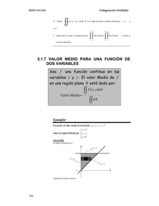 MOISES VILLENA Integración Múltiple
166
10. Calcular:
∫∫
R
y
dA
e
x
2
2
12 , donde R es la región del primer cuadrante limitada por 3
x
y = y
x
y=
11. Representar la región de integración para: ( ) ( )
∫∫
∫∫ +
8
2
8
2
1
,
,
3
x
x
x
dx
dy
y
x
f
dx
dy
y
x
f e invertir el
orden de integración.
5.1.7 VALOR MEDIO PARA UNA FUNCIÓN DE
DOS VARIABLES
Sea f una función continua en las
variables x y y . El valor Medio de f
en una región plana R está dado por:
∫∫
∫∫
=
R
R
dA
dA
y
x
f
Medio
Valor
)
,
(
Ejemplo
Encuentre el valor medio de la función 3
1
)
,
( y
x
y
x
f +
=
sobre la región limitada por
⎪
⎩
⎪
⎨
⎧
=
=
=
0
2
x
x
y
y
SOLUCIÓN:
La región de integración es:
Empleando la fórmula, tenemos:
 