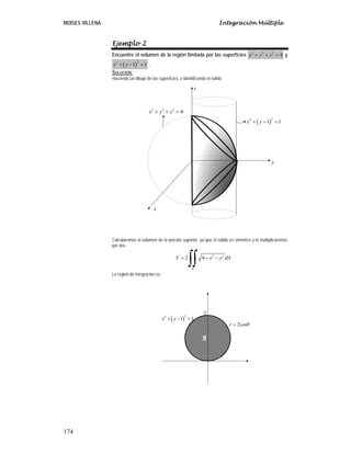 MOISES VILLENA Integración Múltiple
174
Ejemplo 2
Encuentre el volumen de la región limitada por las superficies 2 2 2
4
x y z
+ + = y
( )
2
2
1 1
x y
+ − = .
SOLUCIÓN:
Haciendo un dibujo de las superficies, e identificando el sólido
Calcularemos el volumen de la porción superior, ya que el sólido es simétrico y lo multiplicaremos
por dos.
2 2
2 4
R
V x y dA
= − −
∫∫
La región de integración es:
x
y
z
2 2 2
4
x y z
+ + =
( )
2
2
1 1
x y
+ − =
2
r senθ
=
1
2
( )
2
2
1 1
x y
+ − =
 
