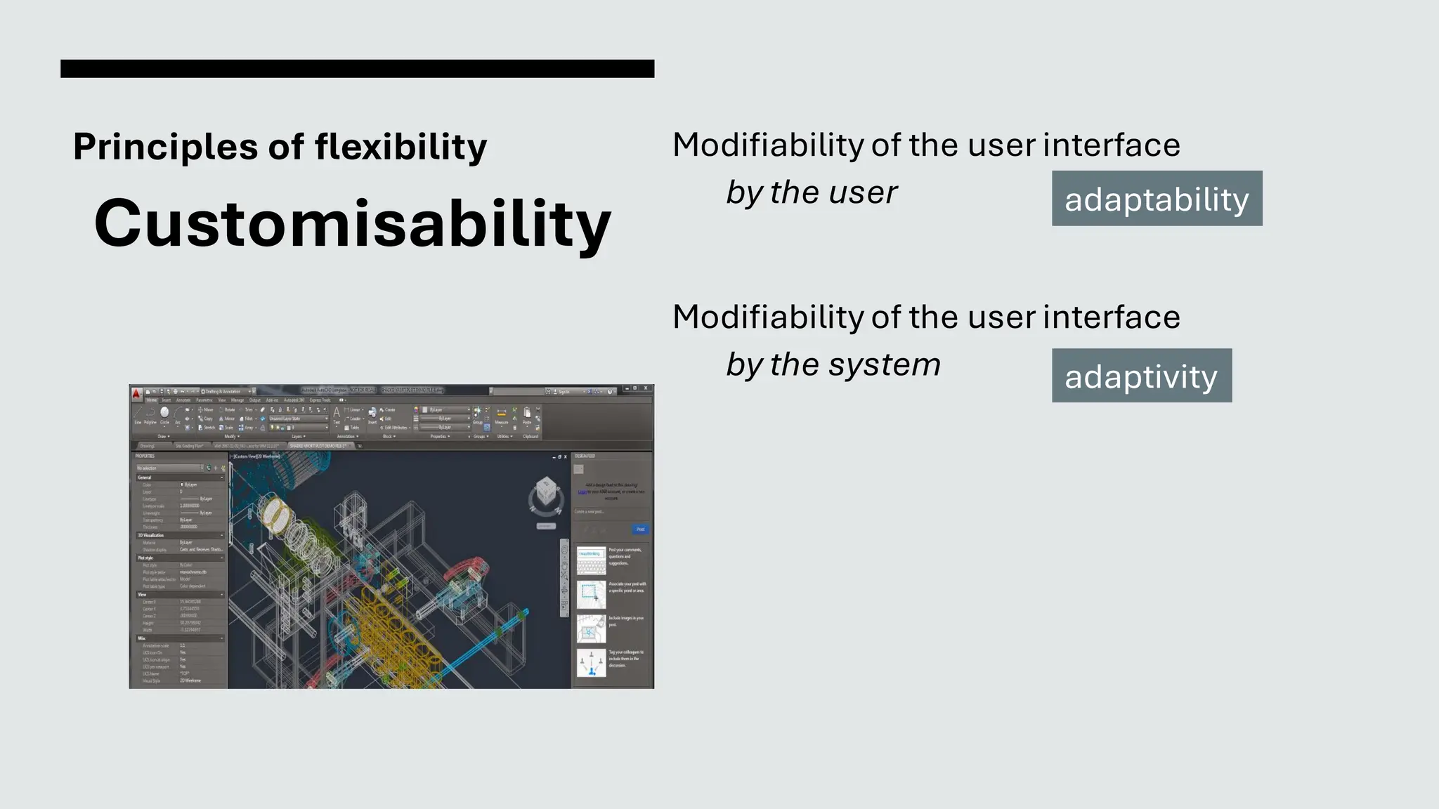 Principles of flexibility
Customisability
Modifiability of the user interface
by the user
Modifiability of the user interface
by the system
adaptability
adaptivity
 