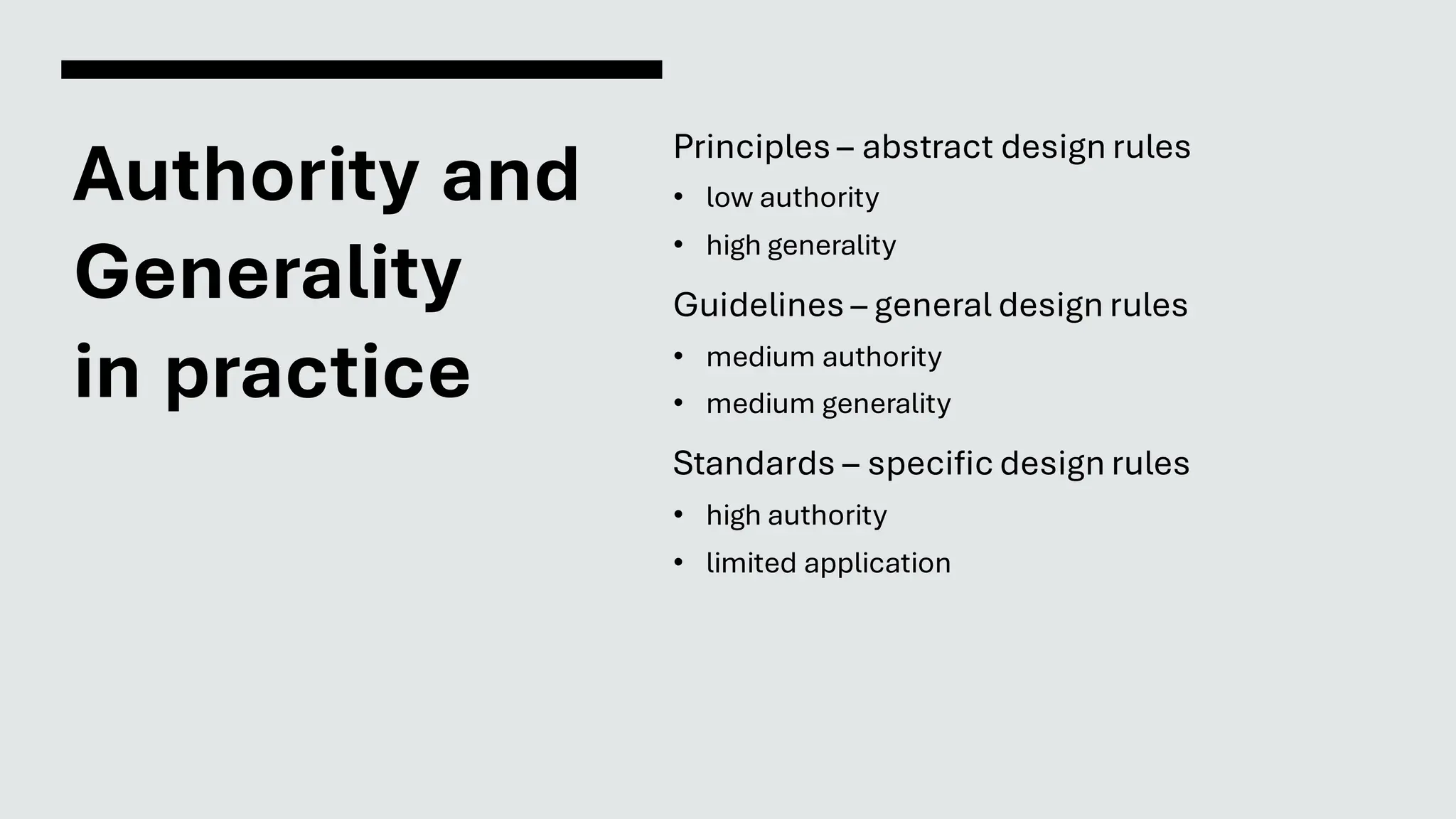Authority and
Generality
in practice
Principles – abstract design rules
• low authority
• high generality
Guidelines – general design rules
• medium authority
• medium generality
Standards – specific design rules
• high authority
• limited application
 