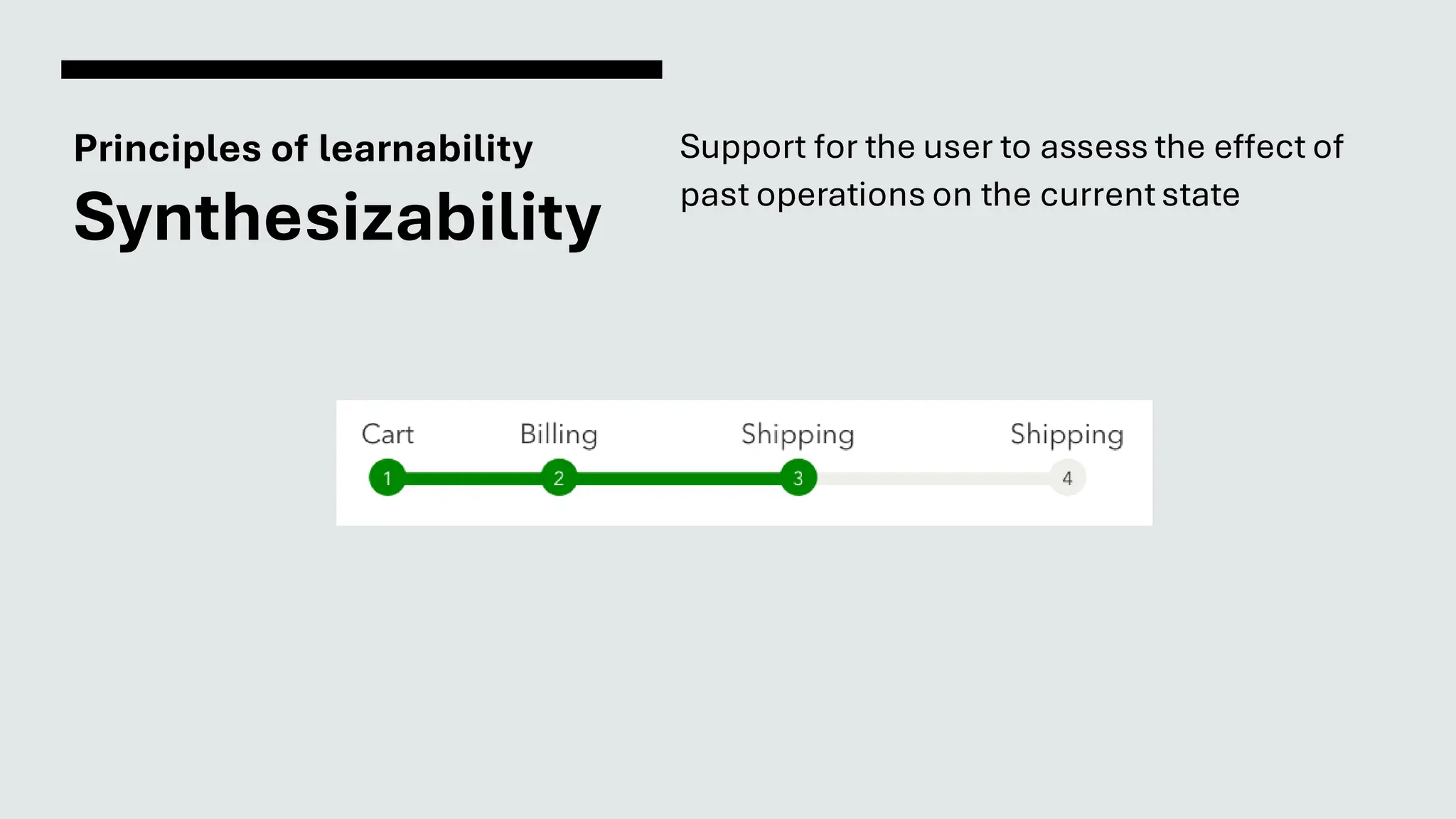 Principles of learnability
Synthesizability
Support for the user to assess the effect of
past operations on the currentstate
 