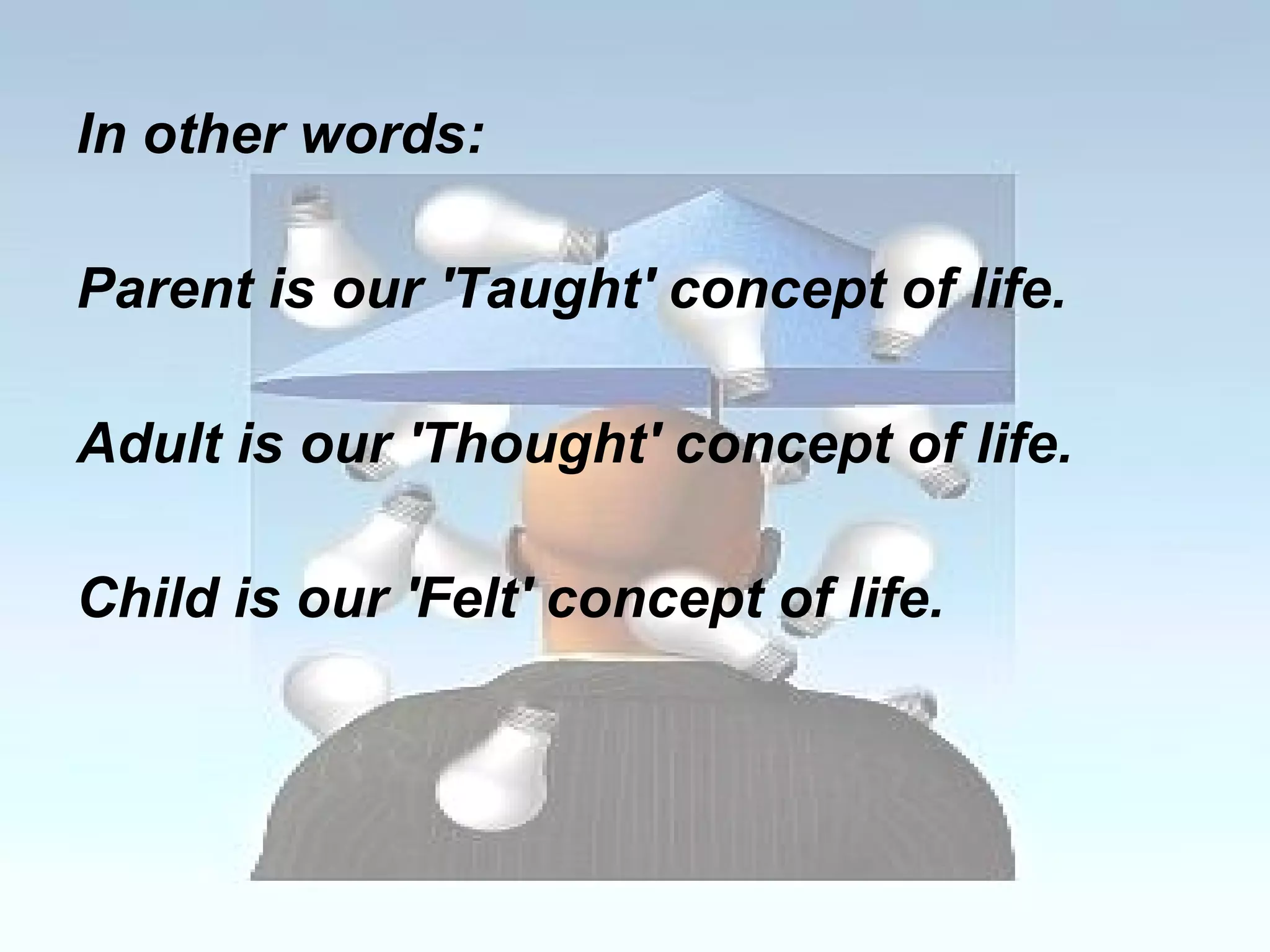 In other words: Parent is our 'Taught' concept of life.  Adult is our 'Thought' concept of life.  Child is our 'Felt' concept of life. 