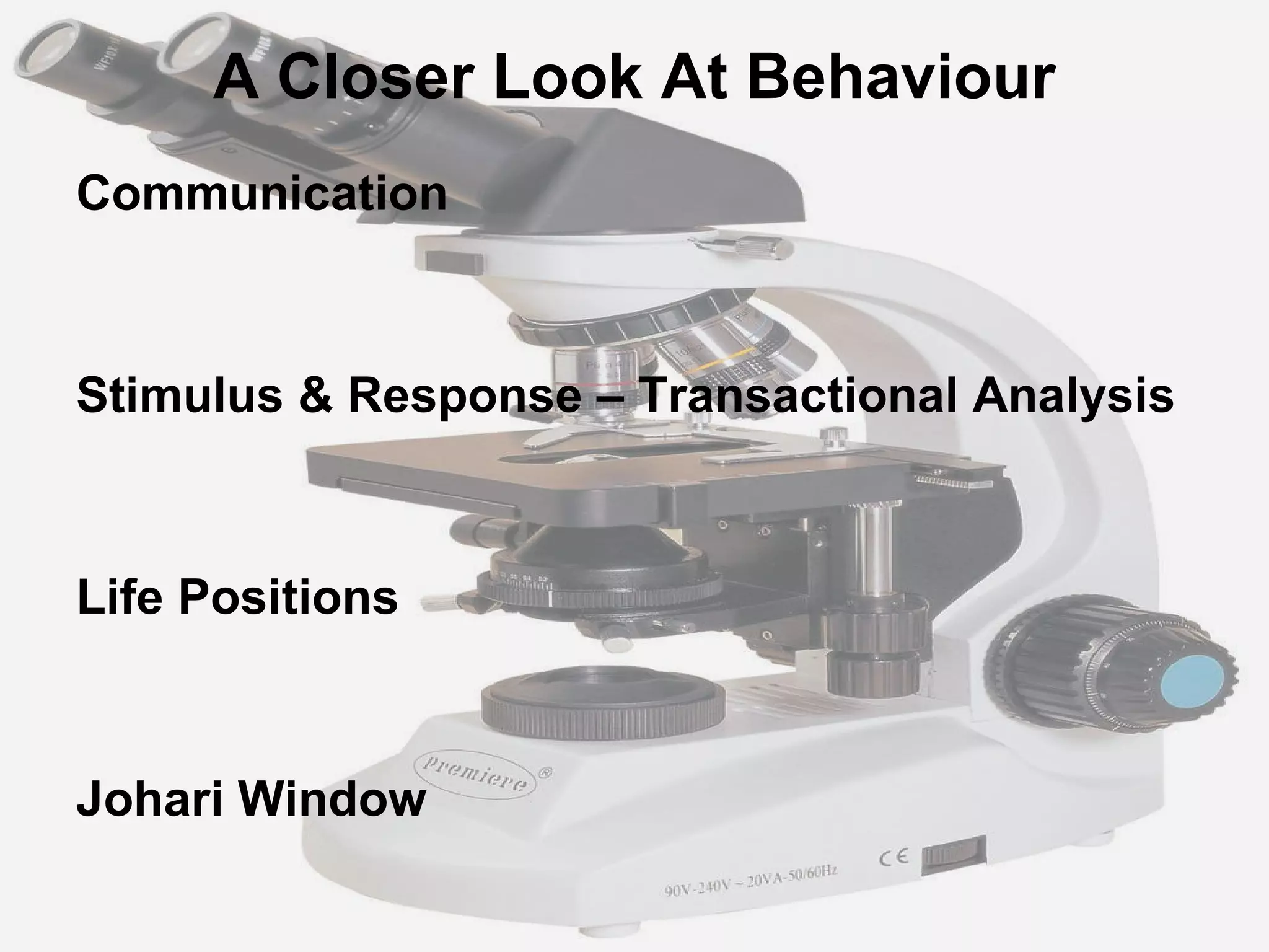 A Closer Look At Behaviour Communication Stimulus & Response – Transactional Analysis Life Positions Johari Window 