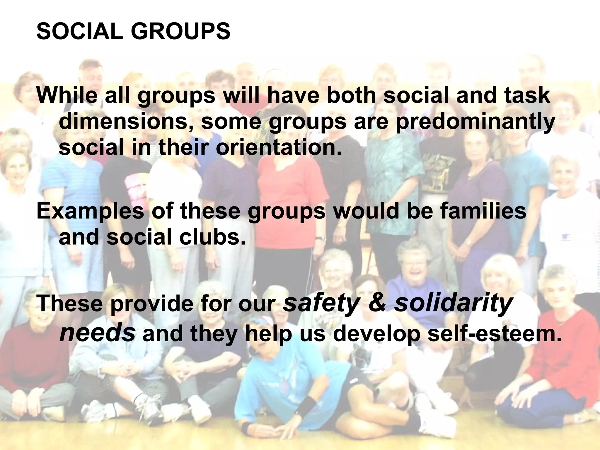 SOCIAL GROUPS While all groups will have both social and task dimensions, some groups are predominantly social in their orientation. Examples of these groups would be families and social clubs. These provide for our  safety & solidarity needs  and they help us develop self-esteem. 