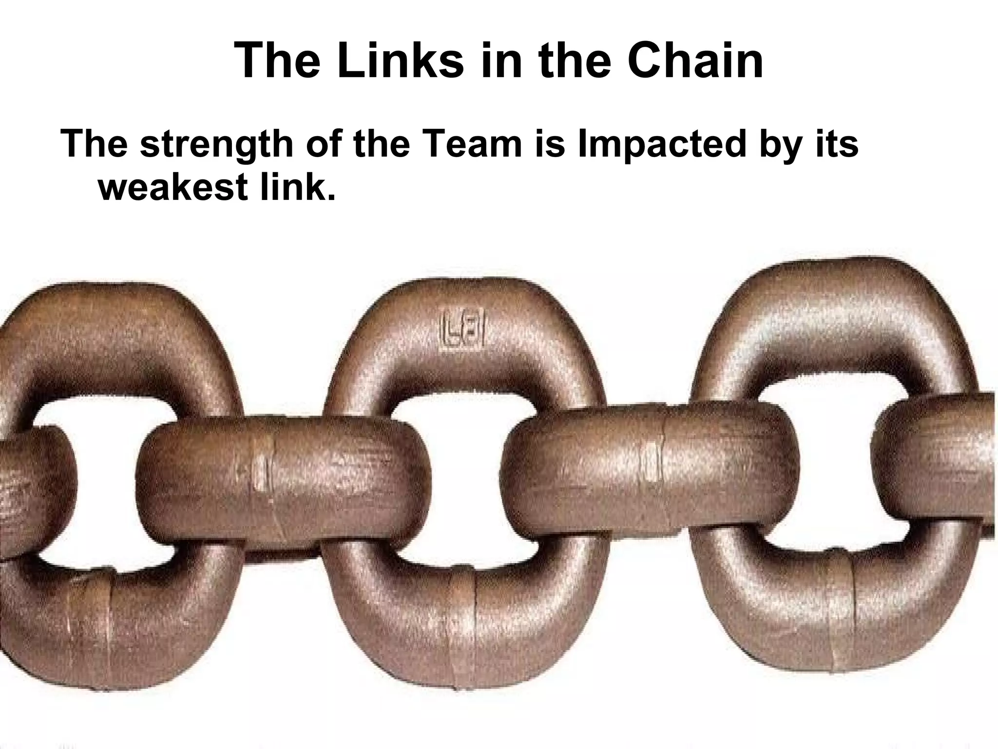 The Links in the Chain The strength of the Team is Impacted by its weakest link.  