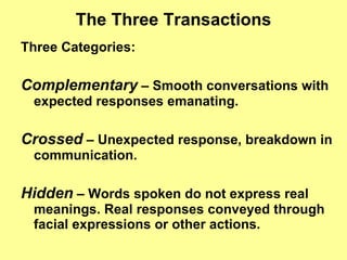 The Three Transactions Three Categories: Complementary  – Smooth conversations with expected responses emanating. Crossed  – Unexpected response, breakdown in communication. Hidden  – Words spoken do not express real meanings. Real responses conveyed through facial expressions or other actions. 