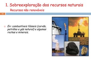 1. Sobreexploração dos recursos naturais
           Recursos não renováveis
11




        Ex: combustíveis fósseis (carvão,
         petróleo e gás natural) e algumas
         rochas e minerais.
 