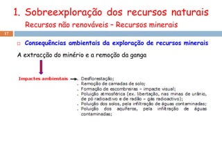 1. Sobreexploração dos recursos naturais
         Recursos não renováveis – Recursos minerais
17

        Consequências ambientais da exploração de recursos minerais
     A extracção do minério e a remoção da ganga
 