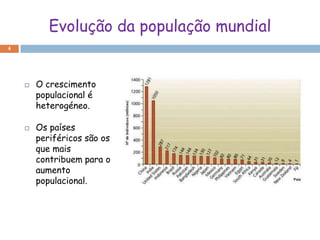 Evolução da população mundial
4




       O crescimento
        populacional é
        heterogéneo.

       Os países
        periféricos são os
        que mais
        contribuem para o
        aumento
        populacional.
 