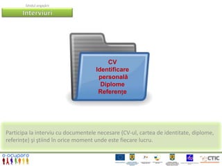 Ghidul angajării




                                        CV
                                    Identificare
                                     personală
                                      Diplome
                                     Referențe




Participa la interviu cu documentele necesare (CV-ul, cartea de identitate, diplome,
referințe) şi ştiind în orice moment unde este fiecare lucru.
 