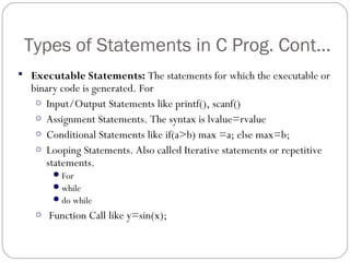 Types of Statements in C Prog. Cont...
 Executable Statements: The statements for which the executable or
binary code is generated. For
o Input/Output Statements like printf(), scanf()
o Assignment Statements. The syntax is lvalue=rvalue
o Conditional Statements like if(a>b) max =a; else max=b;
o Looping Statements. Also called Iterative statements or repetitive
statements.
For
while
do while
o Function Call like y=sin(x);
 