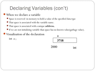 Declaring Variables (con’t)
When we declare a variable
Space is reserved in memory to hold a value of the specified data type
That space is associated with the variable name.
That space is associated with a unique address.
If we are not initializing variable than space has no known value(garbage value).
Visualization of the declaration
int a ;
a
2000
3718
int
 