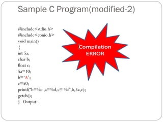 Sample C Program(modified-2)
#include<stdio.h>
#include<conio.h>
void main()
{
int 5a;
char b;
float c;
5a=10;
b=‘A’;
c=50;
printf(“b=%c ,a=%d,c= %f”,b,5a,c);
getch();
} Output:
 