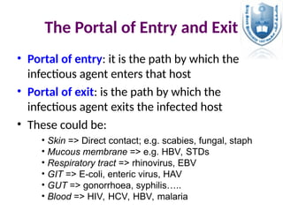 The Portal of Entry and Exit
• Portal of entry: it is the path by which the
infectious agent enters that host
• Portal of exit: is the path by which the
infectious agent exits the infected host
• These could be:
• Skin => Direct contact; e.g. scabies, fungal, staph
• Mucous membrane => e.g. HBV, STDs
• Respiratory tract => rhinovirus, EBV
• GIT => E-coli, enteric virus, HAV
• GUT => gonorrhoea, syphilis…..
• Blood => HIV, HCV, HBV, malaria
 