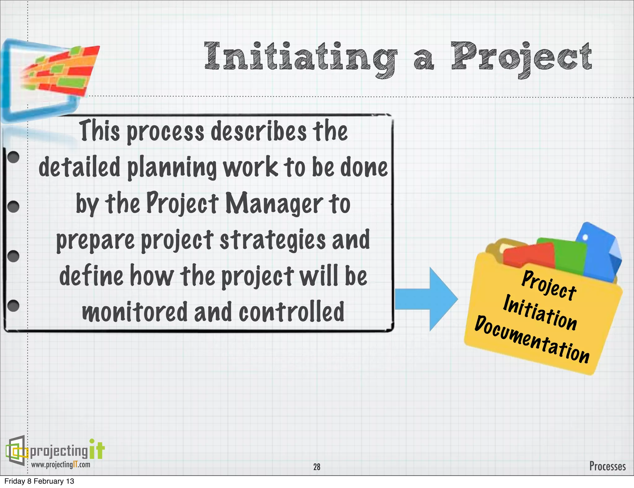 Initiating a Project
             This process describes the
         detailed planning work to be done
             by the Project Manager to
           prepare project strategies and
           define how the project will be            Pro je
                                                              ct
                                                  Ini t i
              monitored and controlled       Do c u
                                                          at io n
                                                    me n
                                                           t at io
                                                                   n




       www.projectingIT.com        28                                  Processes
Friday 8 February 13
 