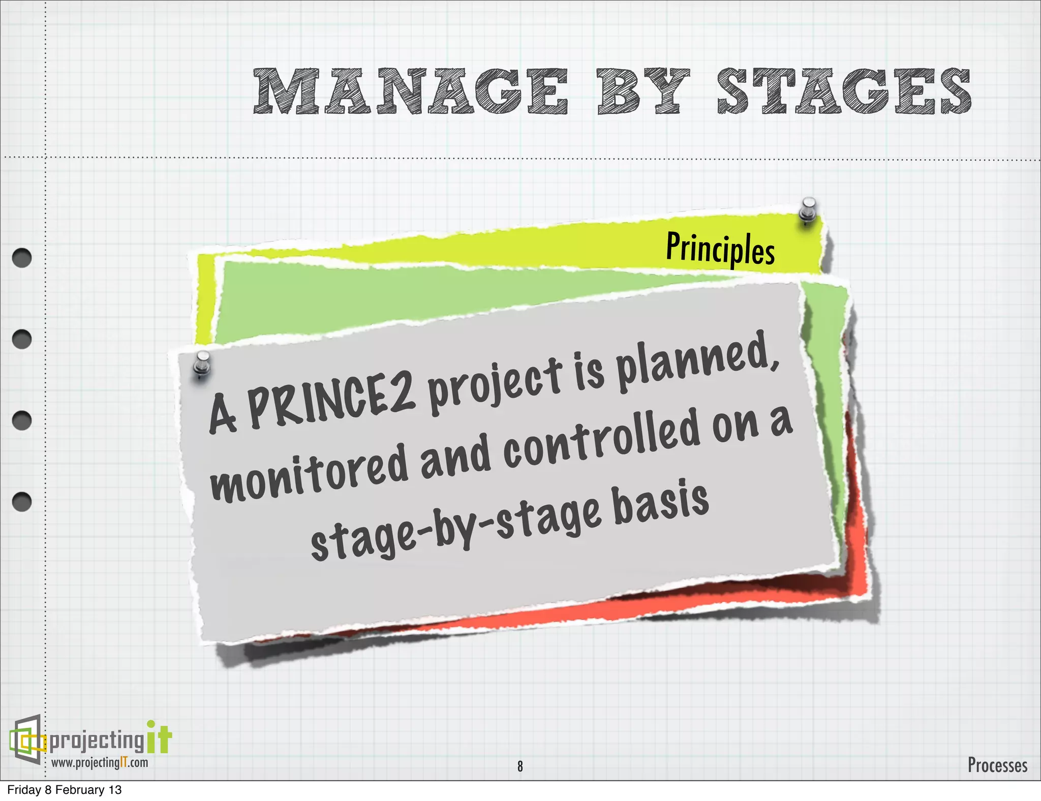 MANAGE BY STAGES

                                                                 Principles


                                                         t is pl a  n ne d ,
                                  R INCE2      p ro je c
                              AP                                  le d o n a
                                             d and c   o n t ro l
                              m o n i t o re
                                                 y-s t ag   e b asis
                                      s t age -b



       www.projectingIT.com                           8                        Processes
Friday 8 February 13
 