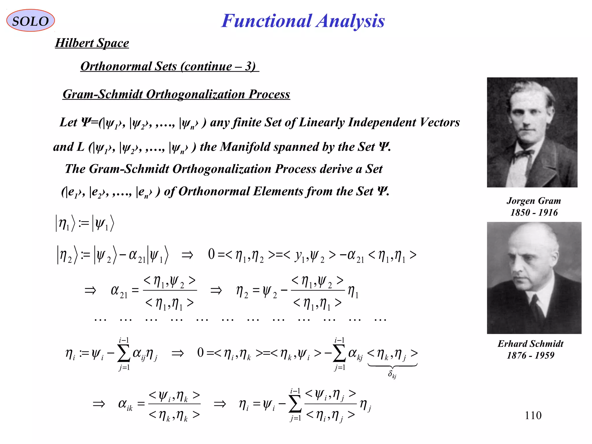 110
Functional AnalysisSOLO
Hilbert Space
Orthonormal Sets (continue – 3)
Gram-Schmidt Orthogonalization Process
Jorgen Gram
1850 - 1916
Erhard Schmidt
1876 - 1959
Let Ψ=(|ψ1›, |ψ2›, ,…, |ψn› ) any finite Set of Linearly Independent Vectors
and L (|ψ1›, |ψ2›, ,…, |ψn› ) the Manifold spanned by the Set Ψ.
The Gram-Schmidt Orthogonalization Process derive a Set
(|e1›, |e2›, ,…, |en› ) of Orthonormal Elements from the Set Ψ.
11 : ψη =
1
11
21
22
11
21
21
1121212112122
,
,
,
,
,,,0:
η
ηη
ψη
ψη
ηη
ψη
α
ηηαψηηψαψη
><
><
−=⇒
><
><
=⇒
><−>>=<=<⇒−= y
∑
∑∑
−
=
−
=
−
=
><
><
−=⇒
><
><
=⇒
><−>>=<=<⇒−=
1
1
1
1
1
1
,
,
,
,
,,,0:
i
j
j
ji
ji
ii
kk
ki
ik
i
j
jkkjikki
i
j
jijii
kj
η
ηη
ηψ
ψη
ηη
ηψ
α
ηηαψηηηηαψη
δ


 