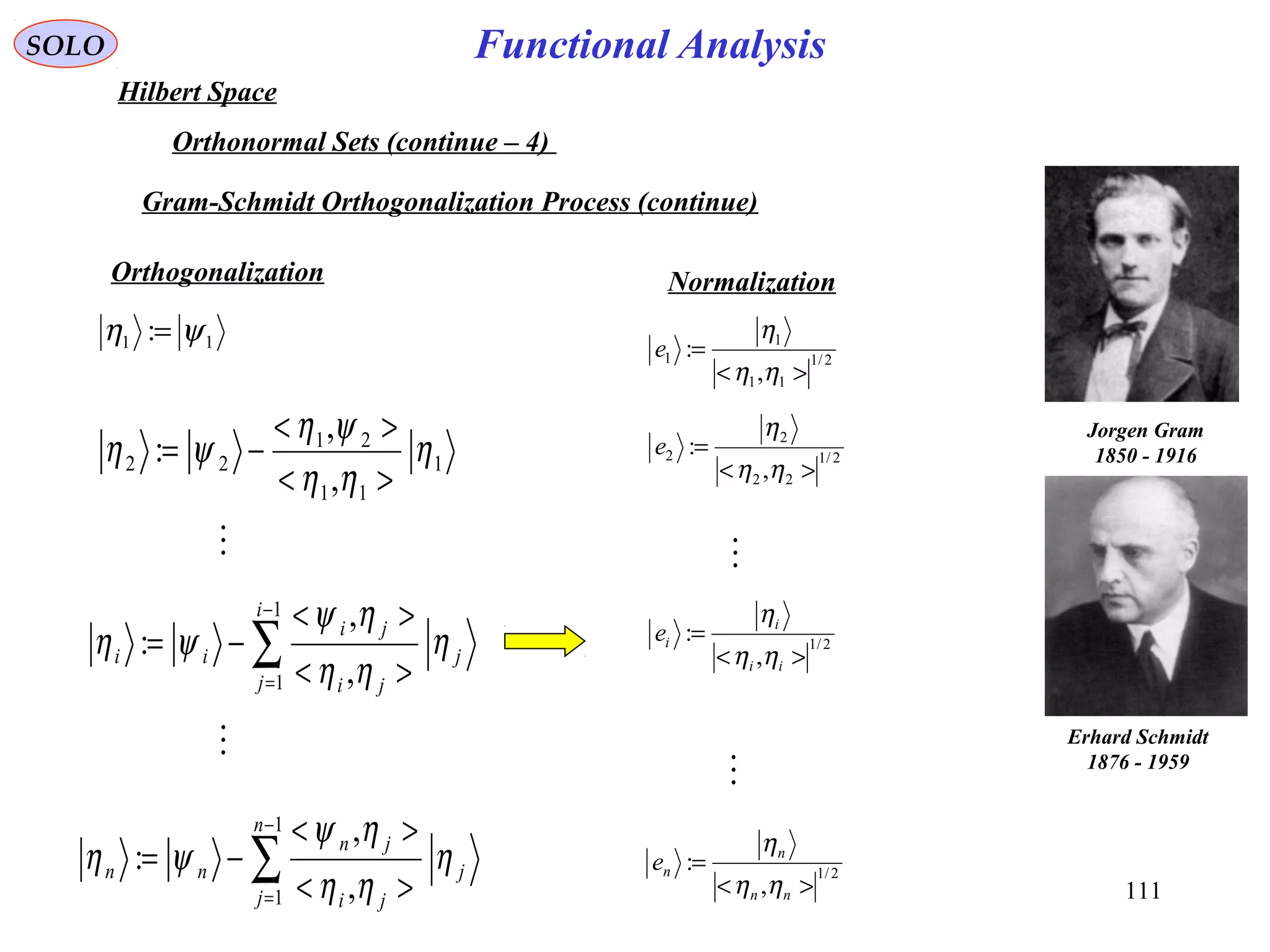 111
Functional AnalysisSOLO
Hilbert Space
Orthonormal Sets (continue – 4)
Gram-Schmidt Orthogonalization Process (continue)
Jorgen Gram
1850 - 1916
Erhard Schmidt
1876 - 1959
11 : ψη =
1
11
21
22
,
,
: η
ηη
ψη
ψη
><
><
−=
∑
−
= ><
><
−=
1
1 ,
,
:
i
j
j
ji
ji
ii η
ηη
ηψ
ψη


2/1
11
1
1
,
:
><
=
ηη
η
e


Orthogonalization Normalization
∑
−
= ><
><
−=
1
1 ,
,
:
n
j
j
ji
jn
nn η
ηη
ηψ
ψη
2/1
22
2
2
,
:
><
=
ηη
η
e
2/1
,
:
><
=
ii
i
ie
ηη
η
2/1
,
:
><
=
nn
n
ne
ηη
η
 