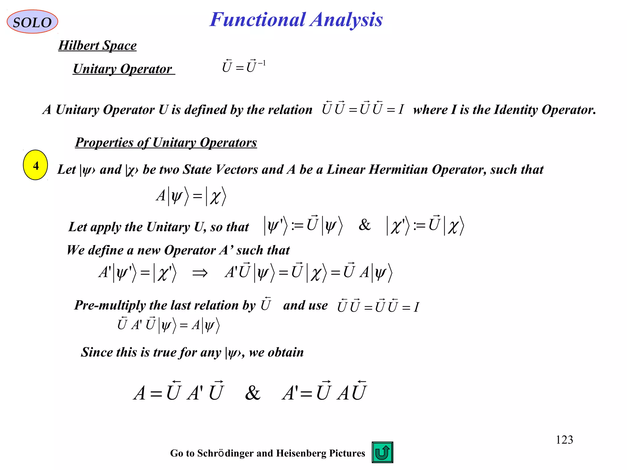 Let |ψ› and |χ› be two State Vectors and A be a Linear Hermitian Operator, such that
χψ =A
Let apply the Unitary U, so that χχψψ UU

== :'&:'
We define a new Operator A’ such that
ψχψχψ AUUUAA

==⇒= ''''
ψψ AUAU =

'
Since this is true for any |ψ›, we obtain
UAUAUAUA

== '&'
Functional AnalysisSOLO
Hilbert Space
1−
=UU

Unitary Operator
A Unitary Operator U is defined by the relation where I is the Identity Operator.IUUUU ==

Pre-multiply the last relation by and useU

IUUUU ==

Properties of Unitary Operators
4
Go to Schr dinger and Heisenberg Picturesӧ
123
 