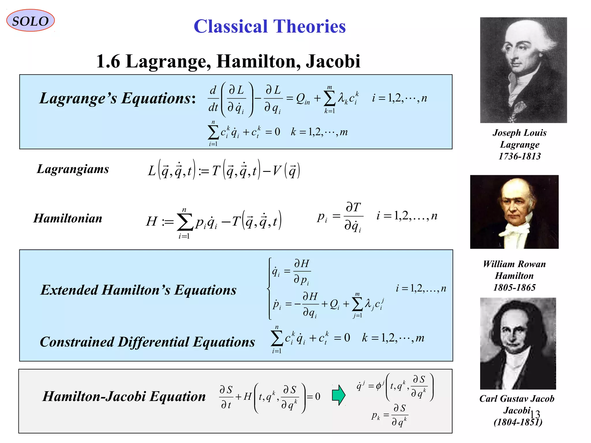 SOLO
1.6 Lagrange, Hamilton, Jacobi
Classical Theories
Carl Gustav Jacob
Jacobi
(1804-1851)
William Rowan
Hamilton
1805-1865
Joseph Louis
Lagrange
1736-1813
Lagrangiams
Lagrange’s Equations: nicQ
q
L
q
L
dt
d m
k
k
ikin
ii
,,2,1
1


=+=
∂
∂
−





∂
∂
∑=
λ
mkcqc k
t
n
i
i
k
i ,,2,10
1
 ==+∑=
( ) ( ) ( )qVtqqTtqqL

−= ,,:,,
ni
cQ
q
H
p
p
H
q
m
j
j
iji
i
i
i
i
,,2,1
1



=







++
∂
∂
−=
∂
∂
=
∑=
λ
mkcqc k
t
n
i
i
k
i ,,2,10
1
 ==+∑=
Extended Hamilton’s Equations
Constrained Differential Equations
Hamiltonian ( )tqqTqpH
n
i
ii ,,:
1

 −= ∑=
ni
q
T
p
i
i ,,2,1 

=
∂
∂
=
Hamilton-Jacobi Equation 0,, =





∂
∂
+
∂
∂
k
k
q
S
qtH
t
S 





∂
∂
= k
kjj
q
S
qtq ,,φ
kk
q
S
p
∂
∂
= 13
 